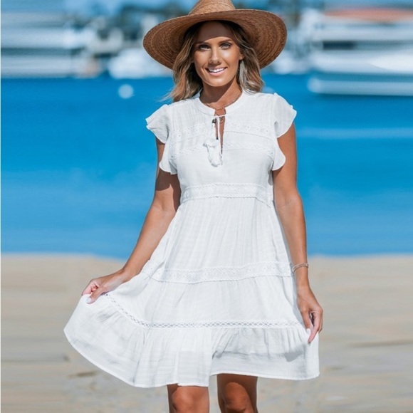 Women's White Split Neck Tassel Tie Lace
Mini Dress - new - Picture 5 of 10